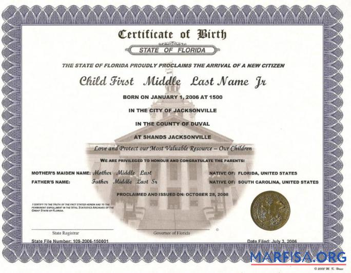 Downloadable United States Registrar of Florida birth certificate real example